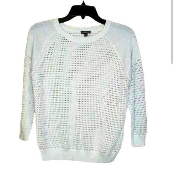Women’s Express White Mesh Sweater with Silver Shimmer Size Medium - Picture 1 of 4